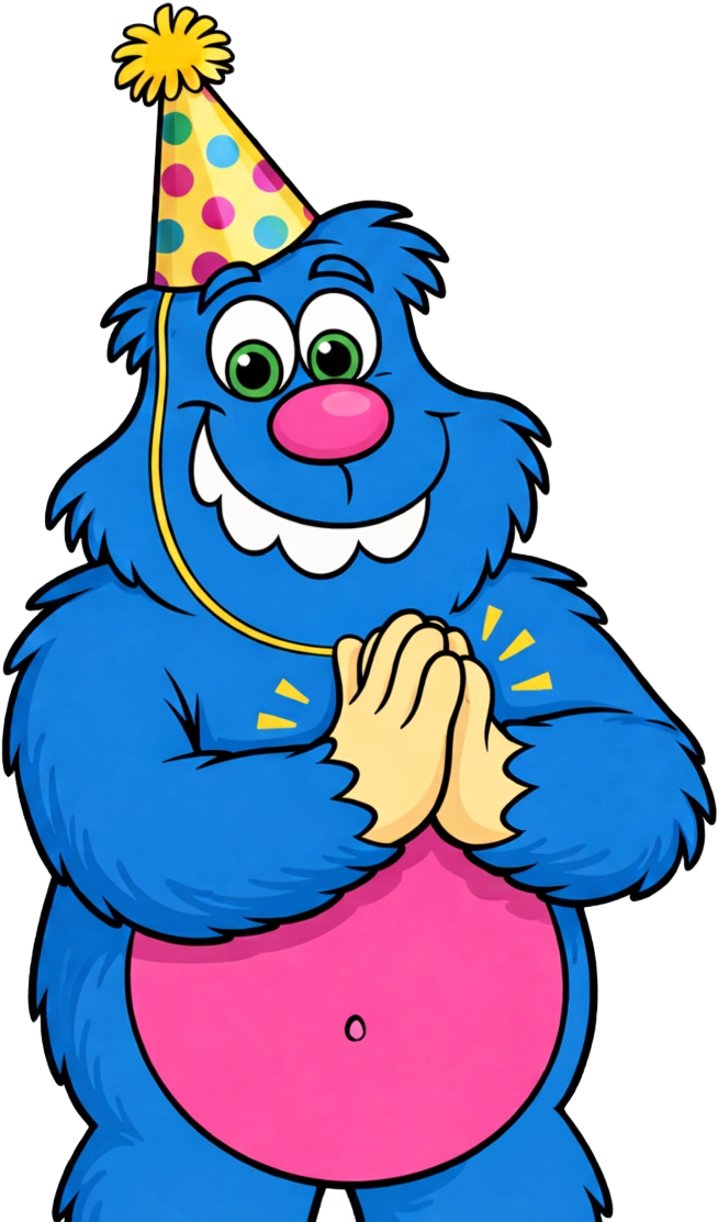 Mascote Bicho Papão com chapéu de festa